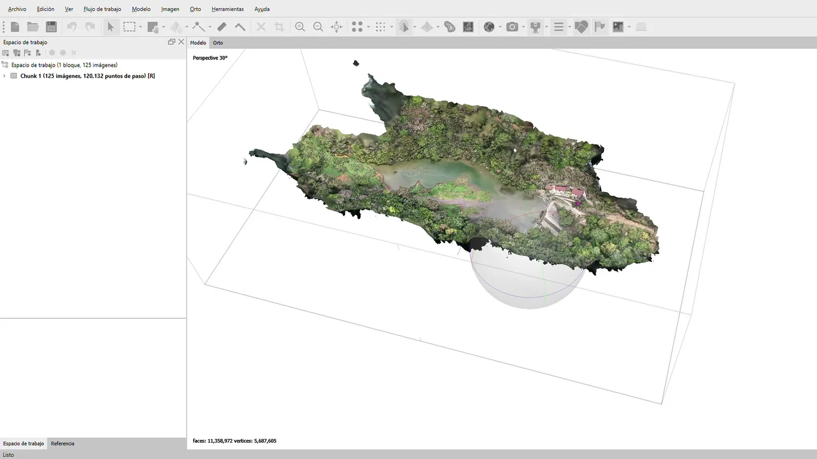 Modelo 3D de un terreno con laguna procesado a partir de un vuelo con dron