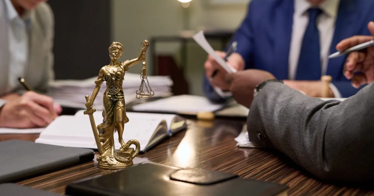 Multi-ethnic attorneys reviewing case files with Lady Justice statue