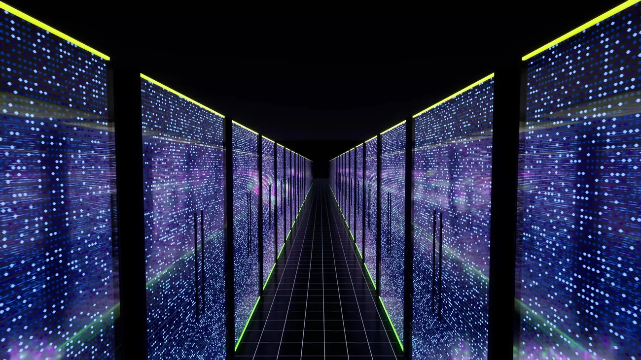 Centro de datos moderno con iluminación tecnológica